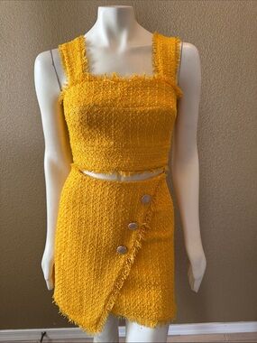 Sheike Yellow Tweed Fringed Mini Skirt